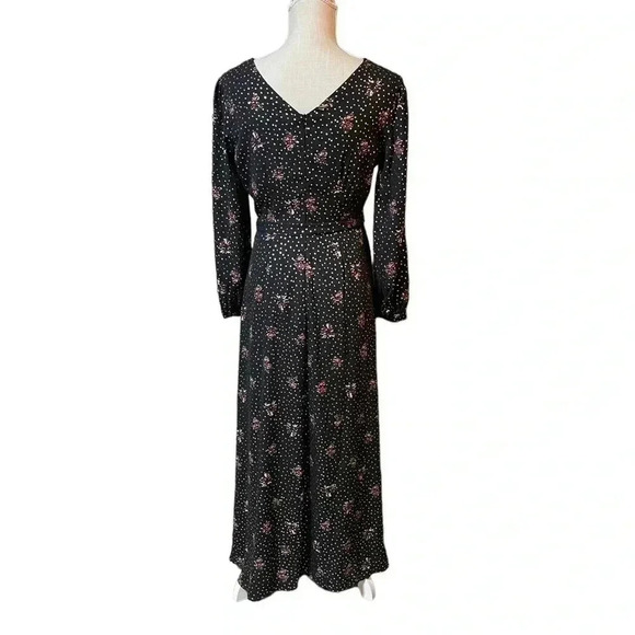 Kate & Mallory Black Gold Floral Long Sleeve V-Neck Maxi Dress Women’s size XS - Picture 2 of 16
